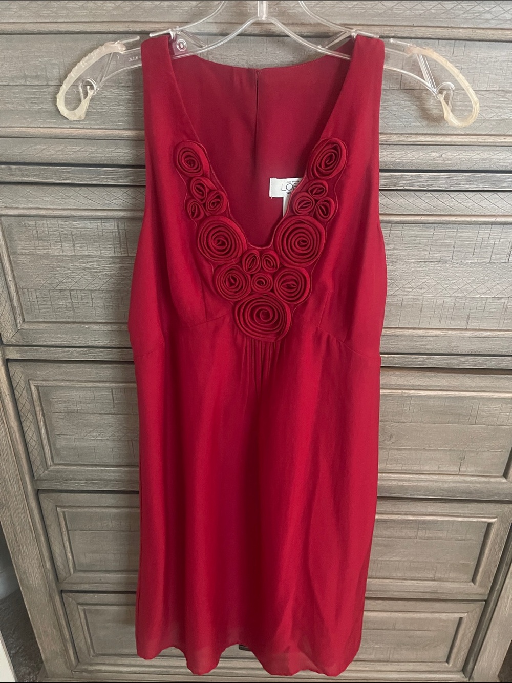 LOFT Crimson Sleeveless Midi Dress with Rosette Accents